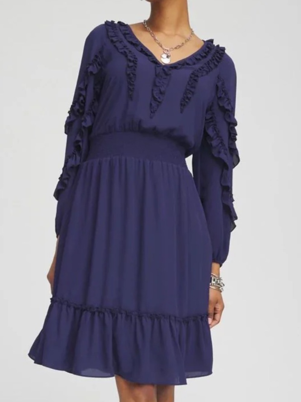 Chicos Ruffle Dress Navy Blue Ruffled Smock Waist Pockets Womens Size 14